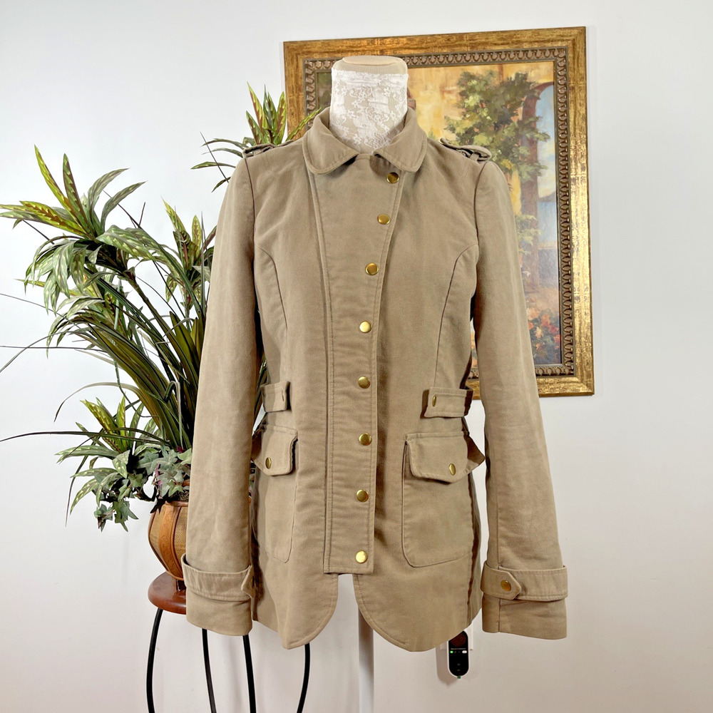 Black Swan Womens M Khaki Military Jacket Utility Coat Gold Snap Button Pocket